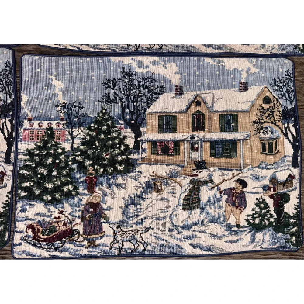 Vintage Set of 4 Christmas Winter Village Scene Tapestry‎ Placemats Blue Trim